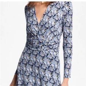 Brooks Brothers Blue Floral Bamboo Pattern Faux Wrap Midi Dress Long Sleeves
